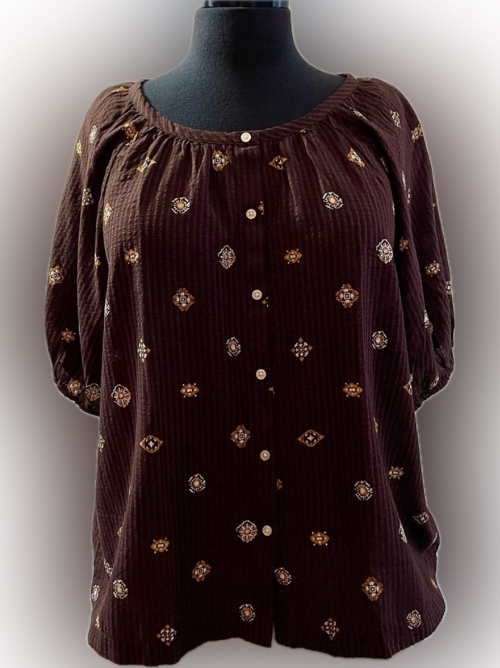 NWT Loft XL Brown Button Up Floral Woven Lightweight Blouse Cottagecore Boho